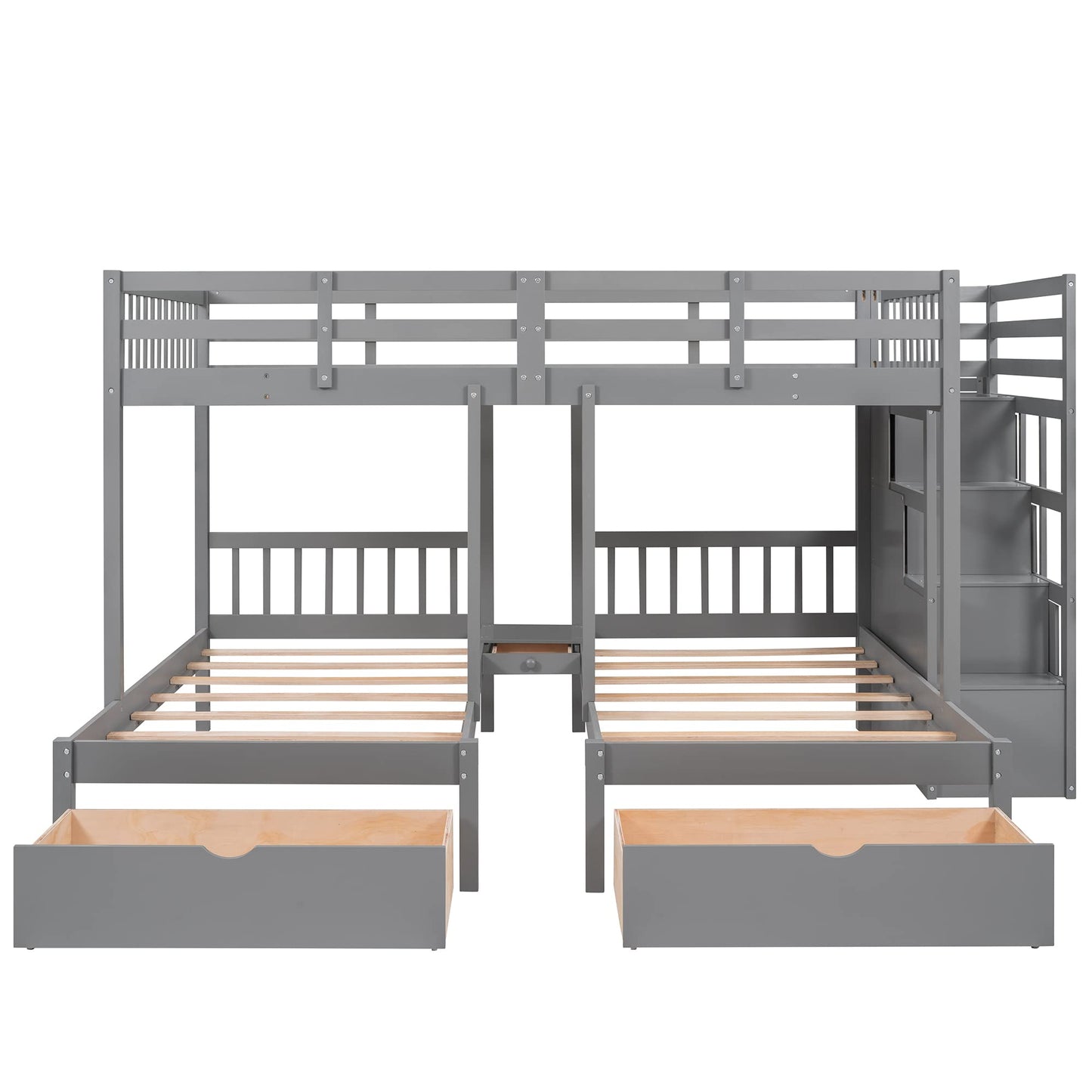 Harper & Bright Designs Grey Triple Bunk Beds with Drawers and Storage Staircase - Full Over Twin & Twin Design - WoodArtSupply