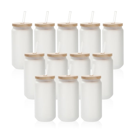 PYD Life 12 Pack Sublimation Glass Cans Blanks Frosted 18 OZ with Bamboo Lid and Clear Glass Straw Beer Cans Wide Mouth Jar Tumbler Cups Mugs for Iced Coffee,Juice,Soda,Drinks,Beer PYD Life
