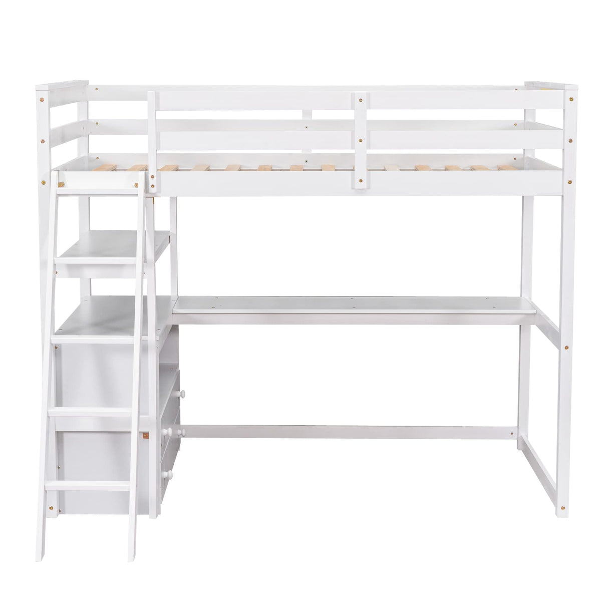 MERITLINE Twin Loft Bed with Desk, Storage Drawers and Shelves in White MERITLINE