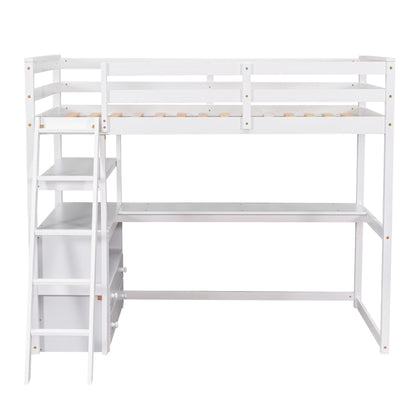 MERITLINE Twin Loft Bed with Desk, Storage Drawers and Shelves in White - WoodArtSupply