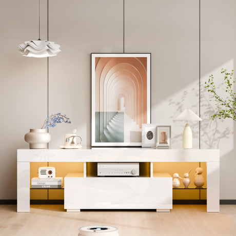 VINGLI LED TV Stand, 51'' High Glossy Modern Entertainment Center with LED Lights and Storage for 40/43/50/55 Inch TV (White, 51'' x 14'' x 18'') VINGLI