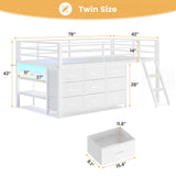 BTHFST Twin Loft Bed for Kids, Low Loft Bed Twin Size with 9 Storage Dresser, LED Lights, 2 Storage Shelves & Stairs, Metal White Bed with Safety Guardrail for Young Teens, Space Saving, White BTHFST