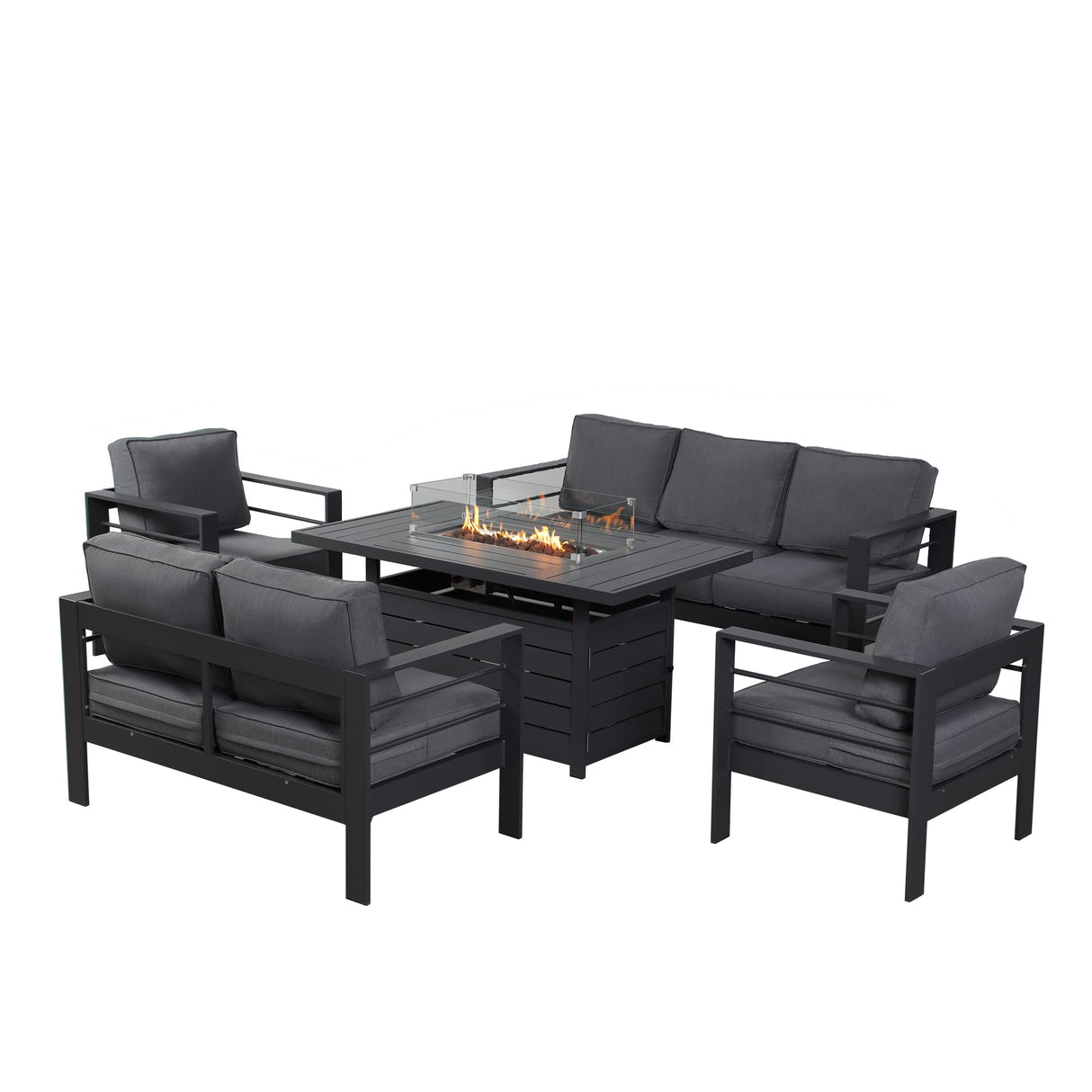 Wisteria Lane 7 Seats Aluminum Outdoor Patio Furniture Set with 54 Inch Propane Gas Fire Pit Table, Modern Patio Conversation Sets with Outdoor Sectional Couch for Backyard, Garden, Dark Grey Wisteria Lane