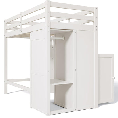 Merax Twin Loft Bed with Storage Cabinet, Shelves, and Open Wardrobe in White - WoodArtSupply