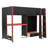 Polibi Twin Size Gaming Loft Bed with Built-in Desk, Wardrobe & LED Lights,Space-Saving Workstation, Storage Drawer,MDF & Pine Wood Frame,No Box Spring Needed,Black Polibi
