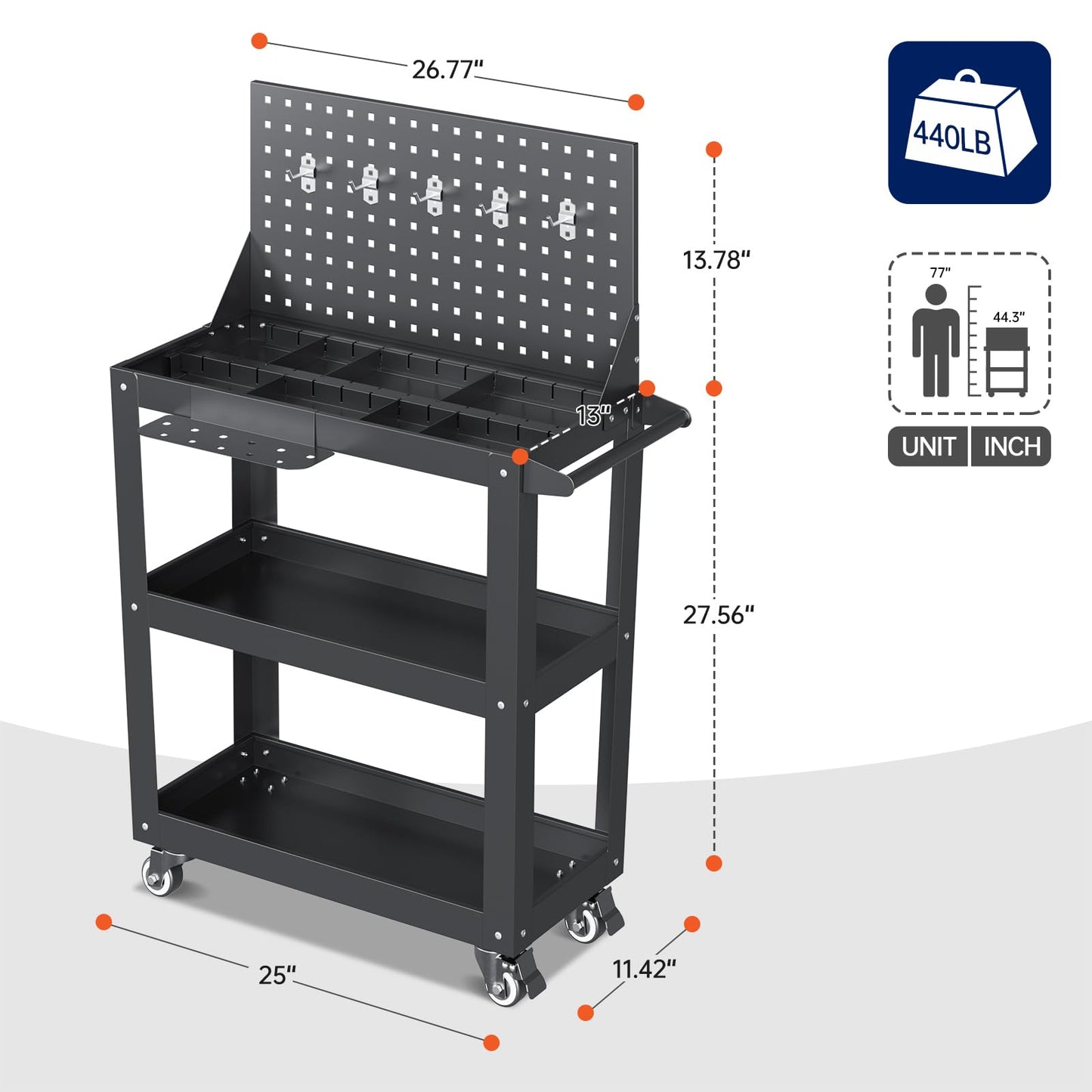 Yizosh 3 Tier Rolling Tool Cart on Wheels, 440 LBS Capacity Heavy Duty Metal Utility Cart Wagon, Industrial Commercial Service Tool Cart Storage Organizer for Mechanics, Garage, Warehouse