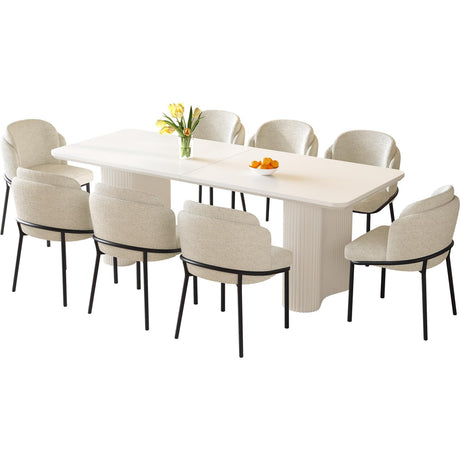 TreLined 9-Piece Dining Table Set for 8, 78.97" Rectangular Kitchen Table with 8 Chairs, Kitchen & Dining Room Sets with Waved Legs for Home, Apartment, White TreLined
