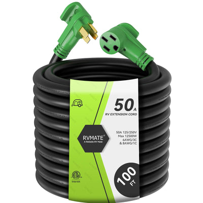 RVMATE 50 Amp 100 Feet RV/EV Extension Cord, Easy Plug in Handle, 14-50P to 14-50R with LED Indicator, ETL Listed