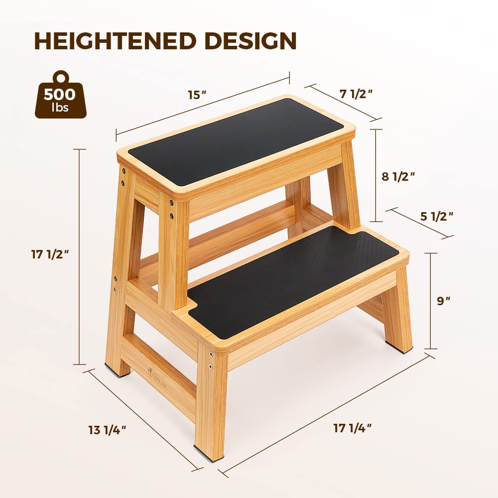 StrongTek Wood Step Stool for Adults and Kids, 17 Inch Tall, Non-Slip Step Surface, Heavy Duty, Two Step for Kitchen, Bed, Bathroom, 500 lbs Capacity StrongTek