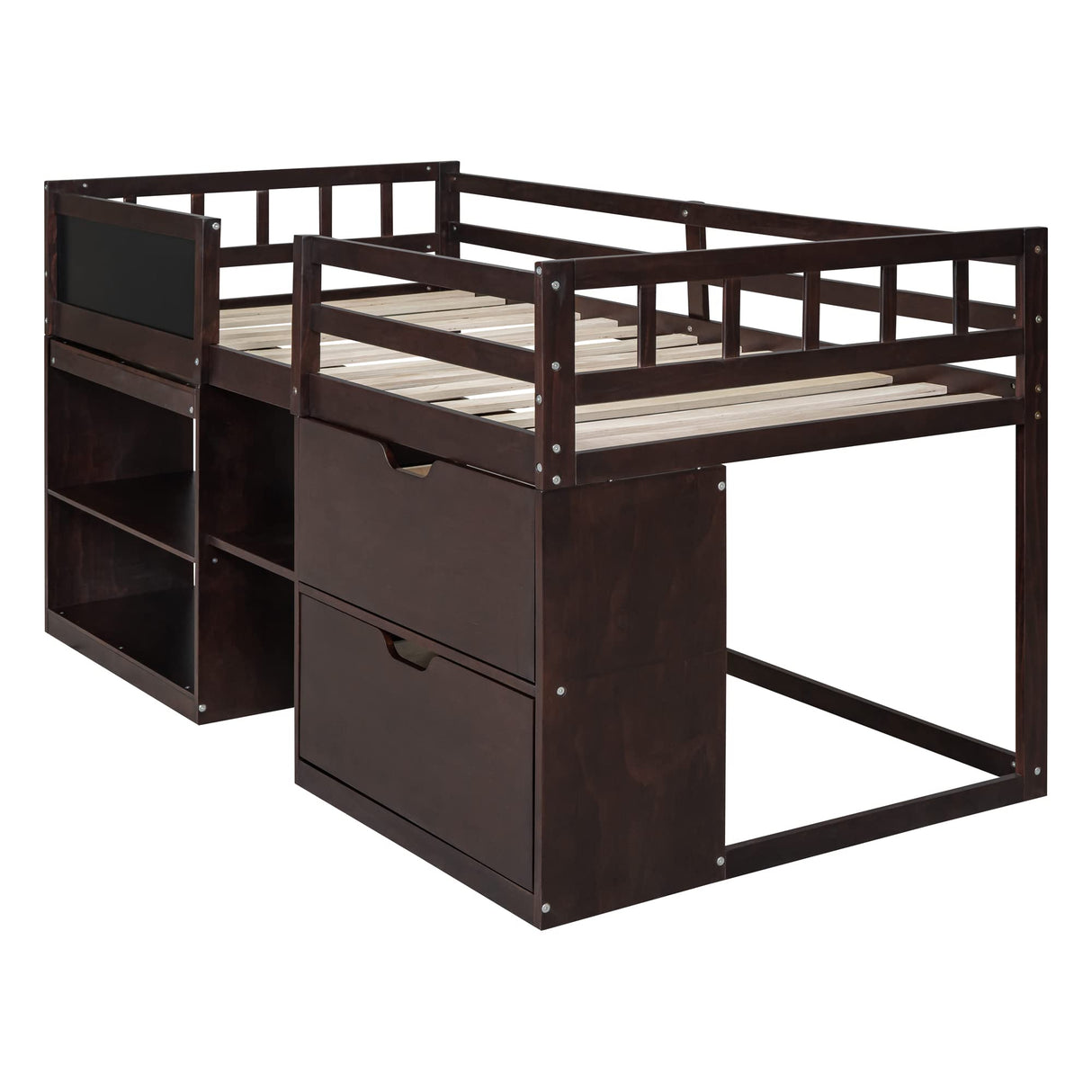 Merax Espresso Twin Low Loft Bed with Storage and Rolling Desk Merax