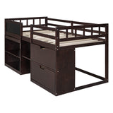 Merax Espresso Twin Low Loft Bed with Storage and Rolling Desk Merax