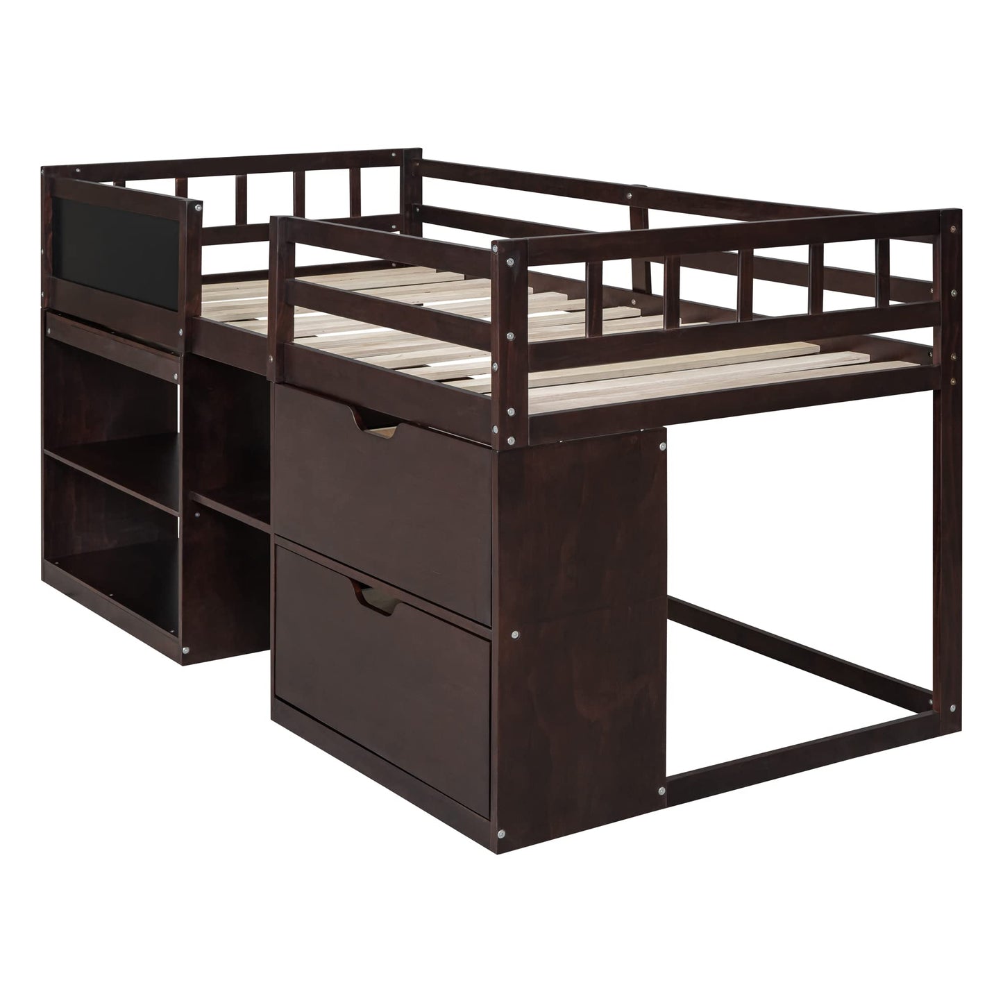 Harper & Bright Designs Low Loft Bed with Rolling Desk and Storage Shelves, Twin Size Loft Beds with 2 Drawers and Chalkboard, Wood Junior Twin Loft Bed Frame for Kids Boys Girls Teens, Espresso