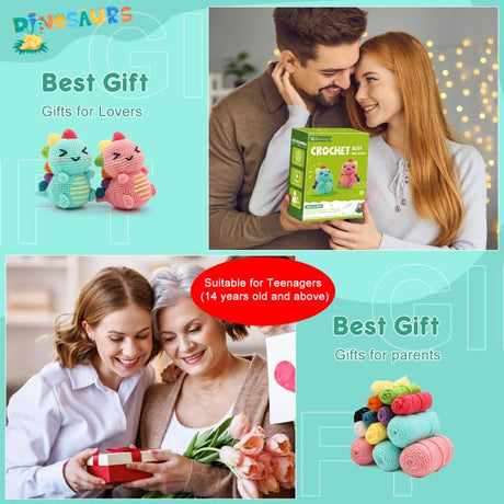 Faircosy Dinosaur Crochet Kit for Beginners: 2PCS Crochet Animal Kits for Adults - Learn to Crocheting Cute Amigurumi Starter Kit with Written Pattern & Video Tutorials (40%+ Yarn Extra) Faircosy