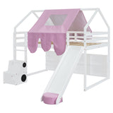 Kids Loft Bed Full Size, Full Loft Bed with Slide and Ladder, Kids House Loft Bed with Storage Shelf and Removable Tent, Full Size Loft Bed for Girls, Boys(Full White Pink) Bellemave