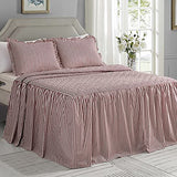 CHIXIN Ticking Stripe Ruffle Skirt Bedspread Queen Size - 30" Long Drop, Shabby Chic Style, Lightweight Bedding Cover, 3 Piece Set, Burgundy Red CHIXIN