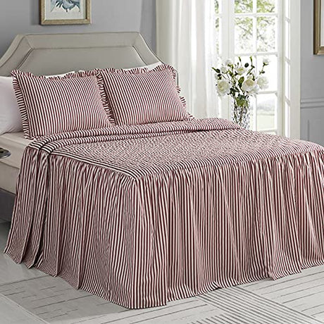 CHIXIN Ticking Stripe Ruffle Skirt Bedspread Queen Size - 30" Long Drop, Shabby Chic Style, Lightweight Bedding Cover, 3 Piece Set, Burgundy Red CHIXIN