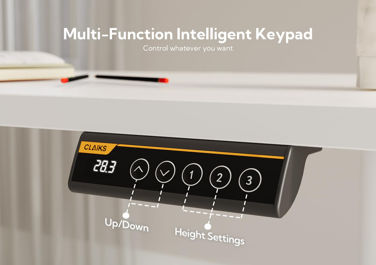 Claiks Electric Standing Desk, Adjustable Height Stand up Desk, 48x24 Inches Sit Stand Home Office Desk with Splice Board, White Frame/White Top Claiks