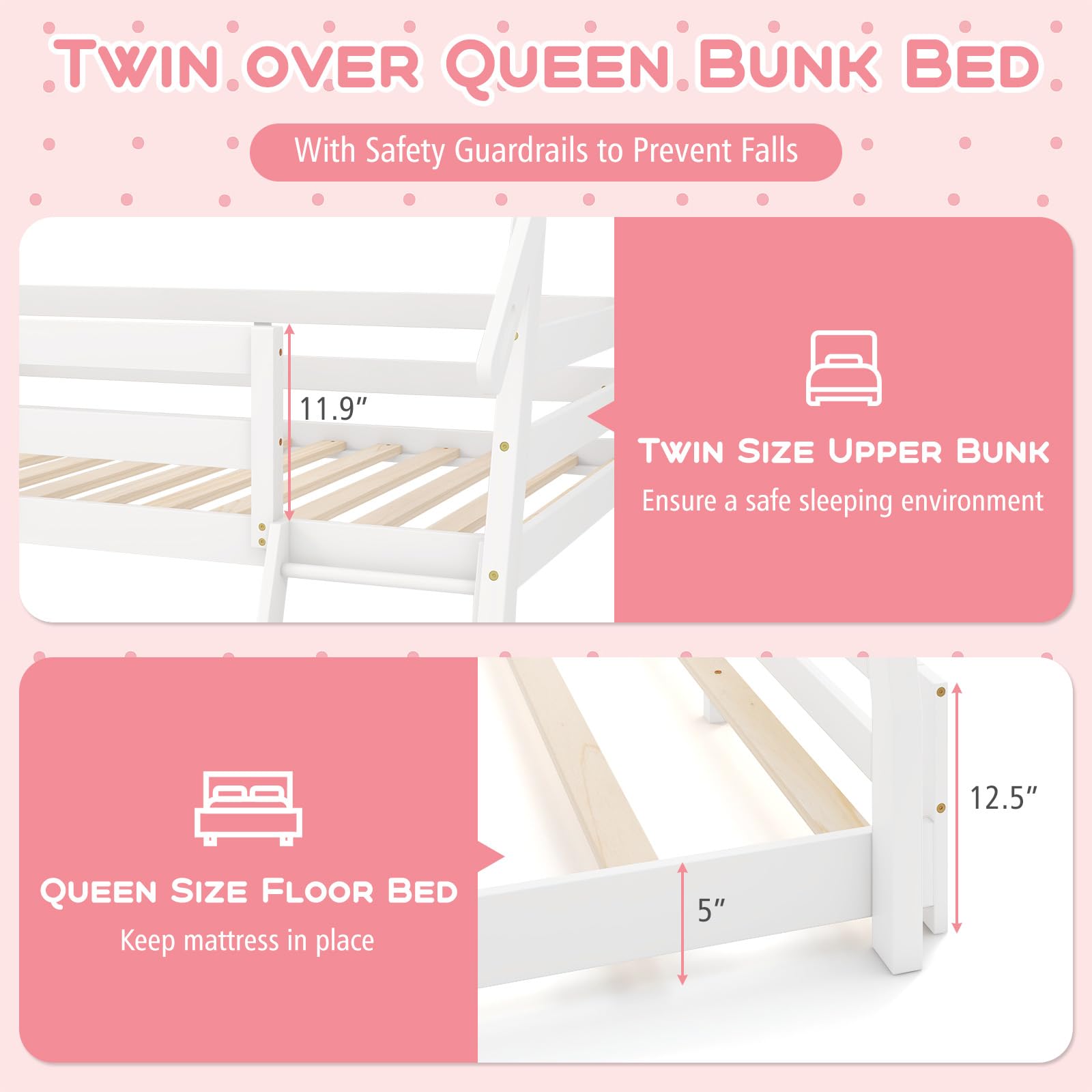 Costzon House-Shaped Twin Over Queen Bunk Bed with Climbing Nets and Ramp - White Wooden Kids Bed - WoodArtSupply