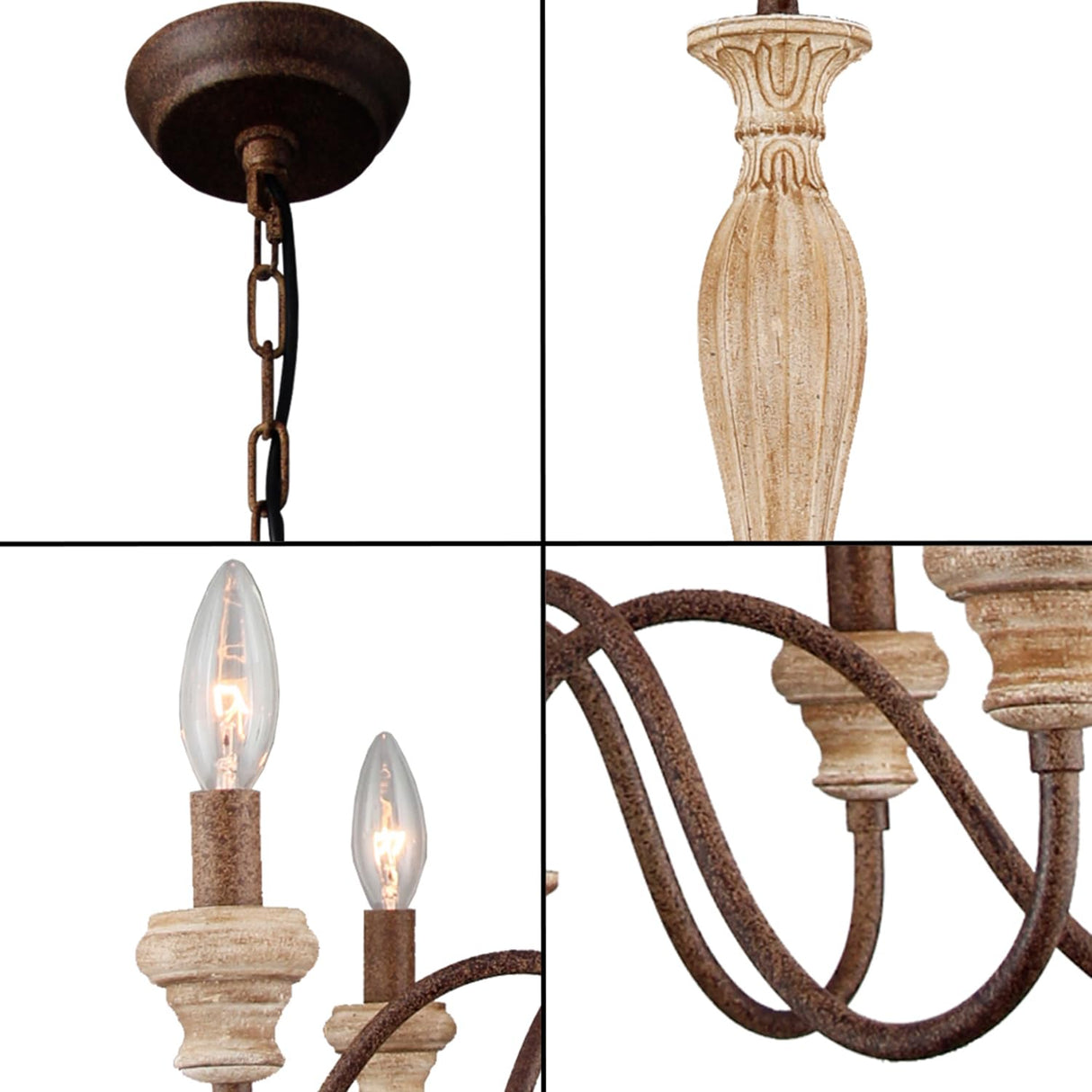 Fminlla French Country Chandelier 6-Lights Vintage Farmhouse Candle Style Chandelier Rustic Handmade Distressed Wood Chandelier for Dining Room Light Fixture, Living Room, Bedroom,Kitchen, E12 Fminlla