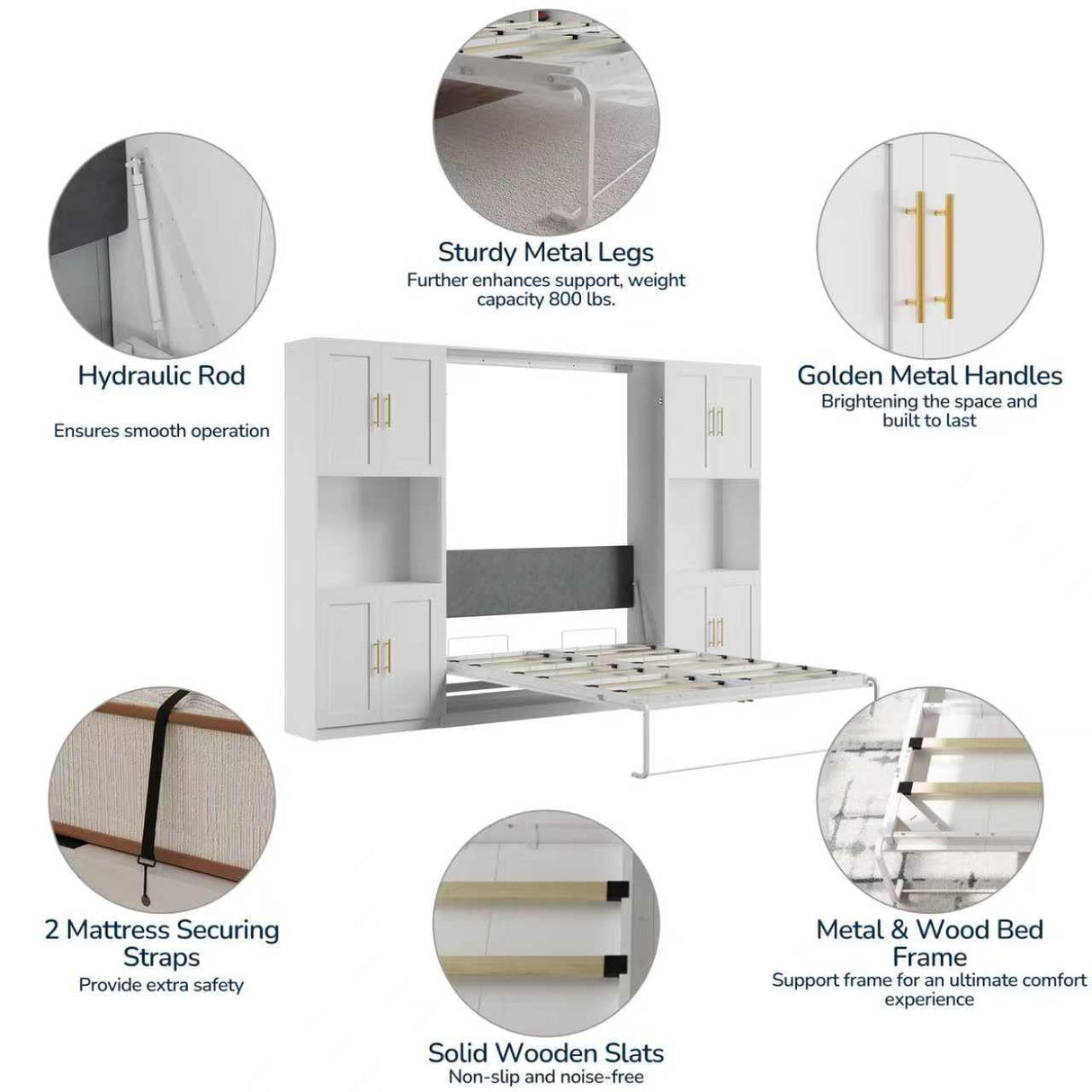 Mekminop Modern Queen Murphy Bed with Storage Cabinet and Open Shelves, Hidden Foldable Wall Cabinet Bed Frame with Wood Slat, Space-Saving, No Spring Box Required, White Mekminop