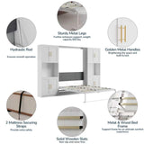 Mekminop Modern Queen Murphy Bed with Storage Cabinet and Open Shelves, Hidden Foldable Wall Cabinet Bed Frame with Wood Slat, Space-Saving, No Spring Box Required, White Mekminop