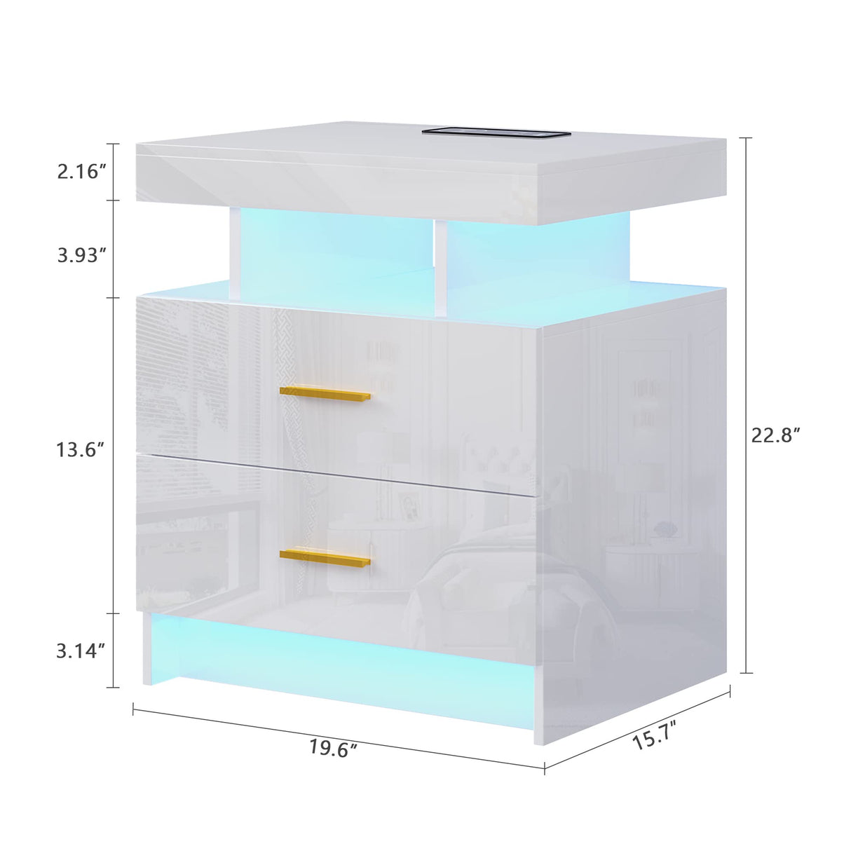 HNEBC Auto LED Nightstand with Wireless Charging Station & USB Ports,High Gloss Bedside Tables with 2 Drawers,Floating Nightstand with 3 Color & Adjustable Brightness Embedded LED Light Strip HNEBC