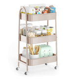 EAGMAK 3 Tier Utility Rolling Cart, Metal Storage Cart with Handle and Lockable Wheels, Multifunctional Storage Organizer Trolley with Mesh Baskets for Kitchen, Living Room, Office, Garage (Beige) EAGMAK