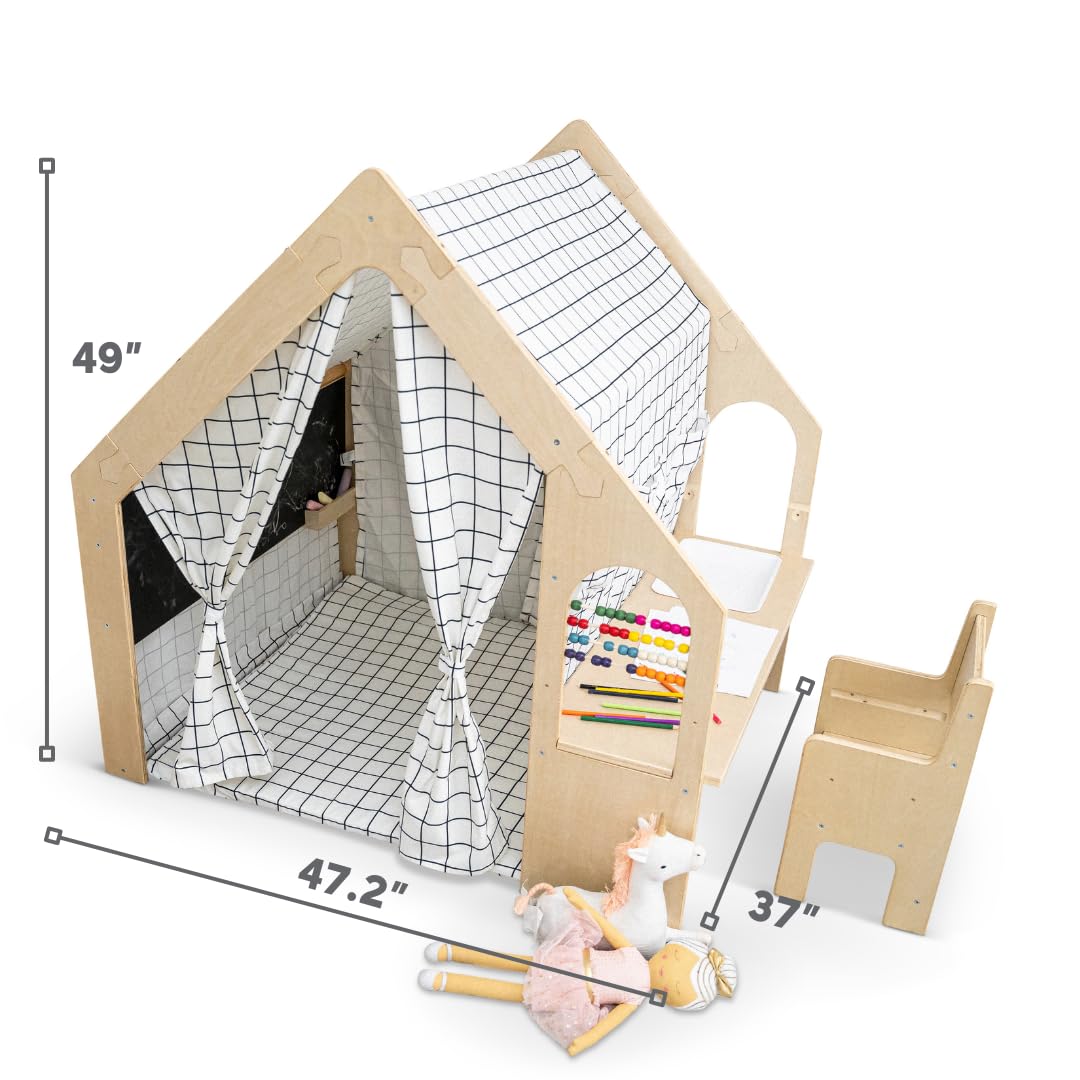 Avenlur Flair Montessori Style Wooden 5 in 1 Indoor Playhouse Play Tent with Desk Table, Chair, Chalkboard, Floor Cushion and Curtain Shades for Babies, Toddlers, Kids (Large, Windowpane) Avenlur