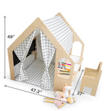 Avenlur Flair Montessori Style Wooden 5 in 1 Indoor Playhouse Play Tent with Desk Table, Chair, Chalkboard, Floor Cushion and Curtain Shades for Babies, Toddlers, Kids (Large, Windowpane) Avenlur
