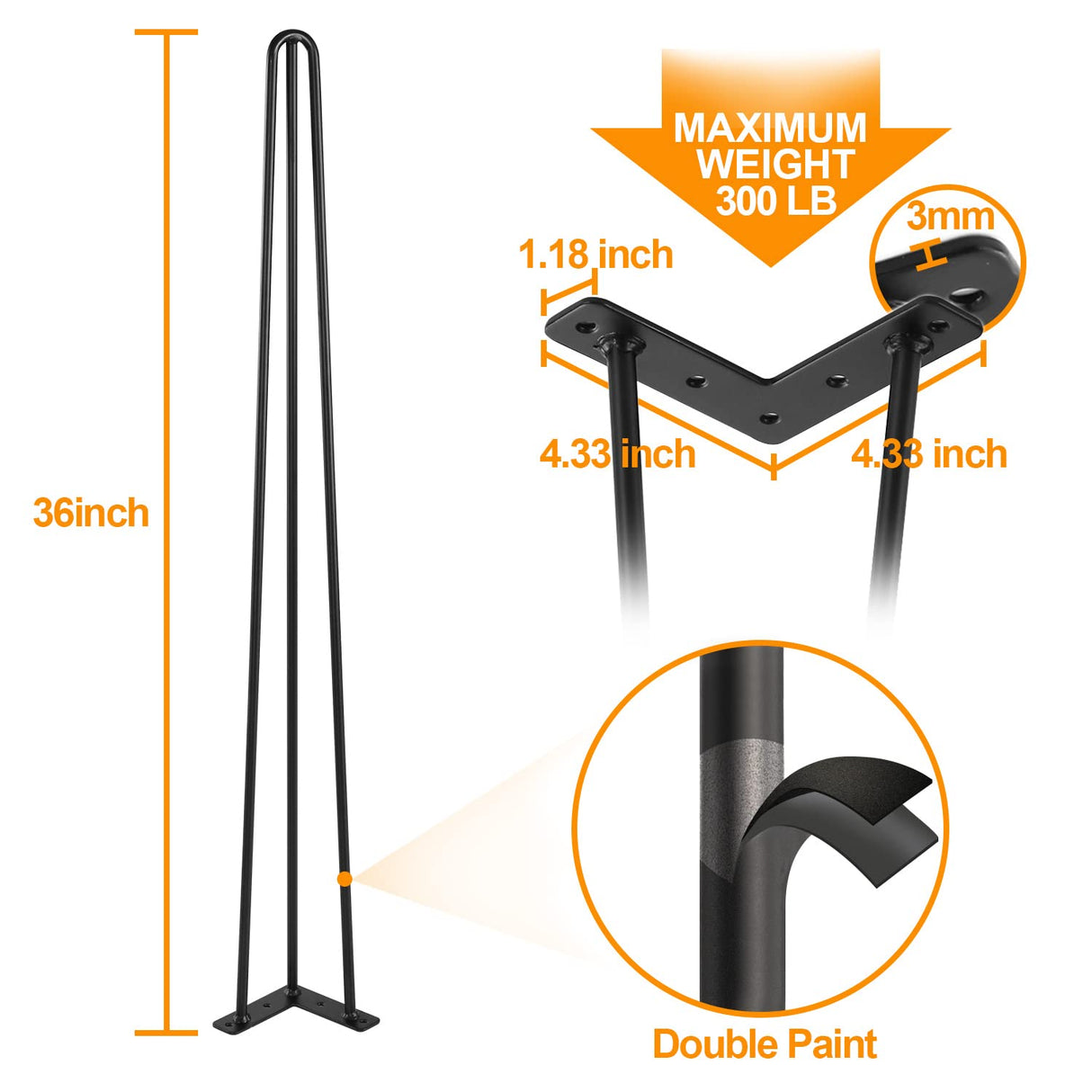 Ironalita 36 Inch Hairpin Legs for Furniture set of 4, Heavy Duty 3 Rod Metal Table Legs with 3/8" Black Solid Iron, DIY Hair Pin Legs for Counter Bar Stool, Console Table, Entryway Table, Plant Stand Ironalita