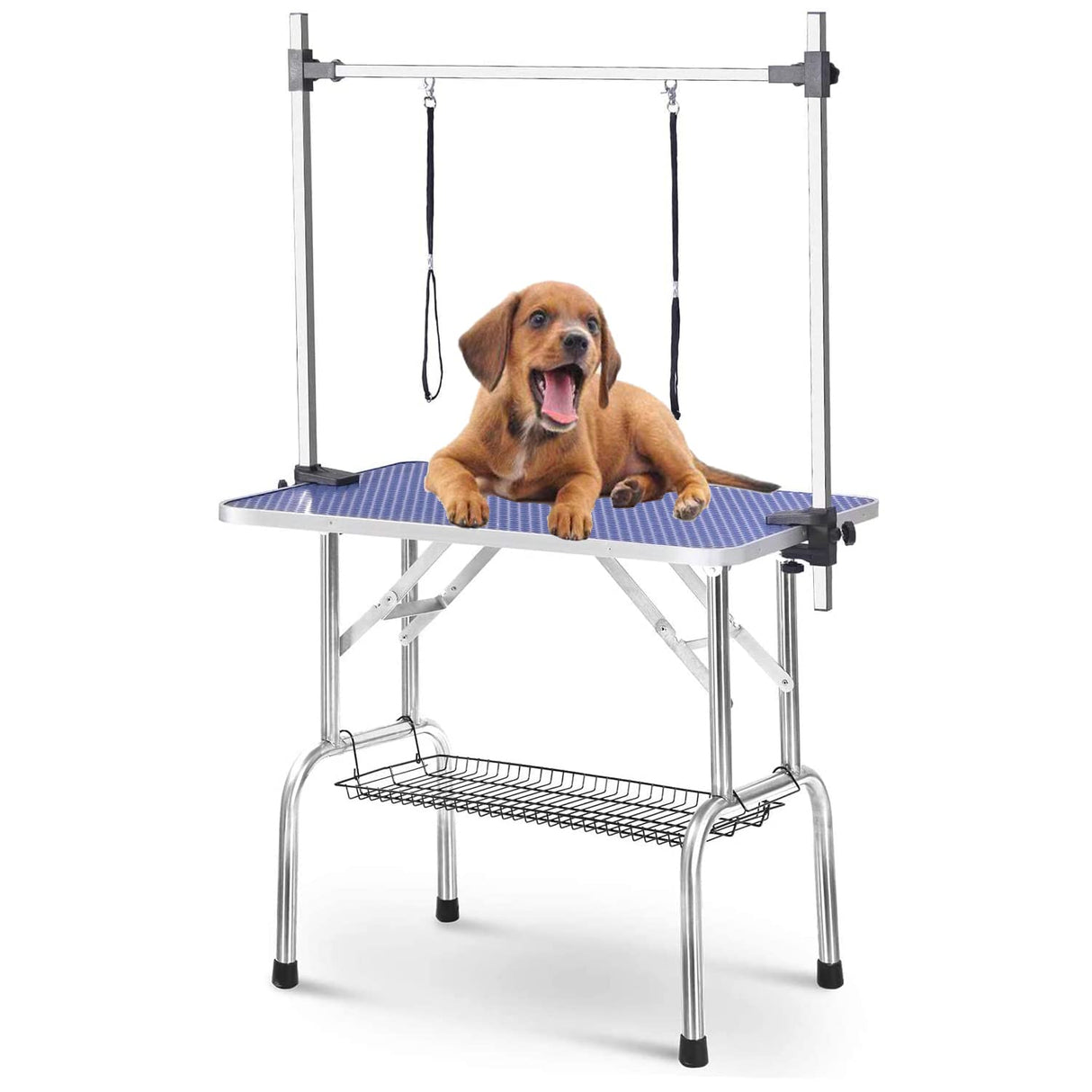 36" Dog Grooming Table Foldable Pet Grooming Tables with Adjustable Arm Noose Storage Mesh Tray Maximum Capacity Up to 330lbs Blue Hipet