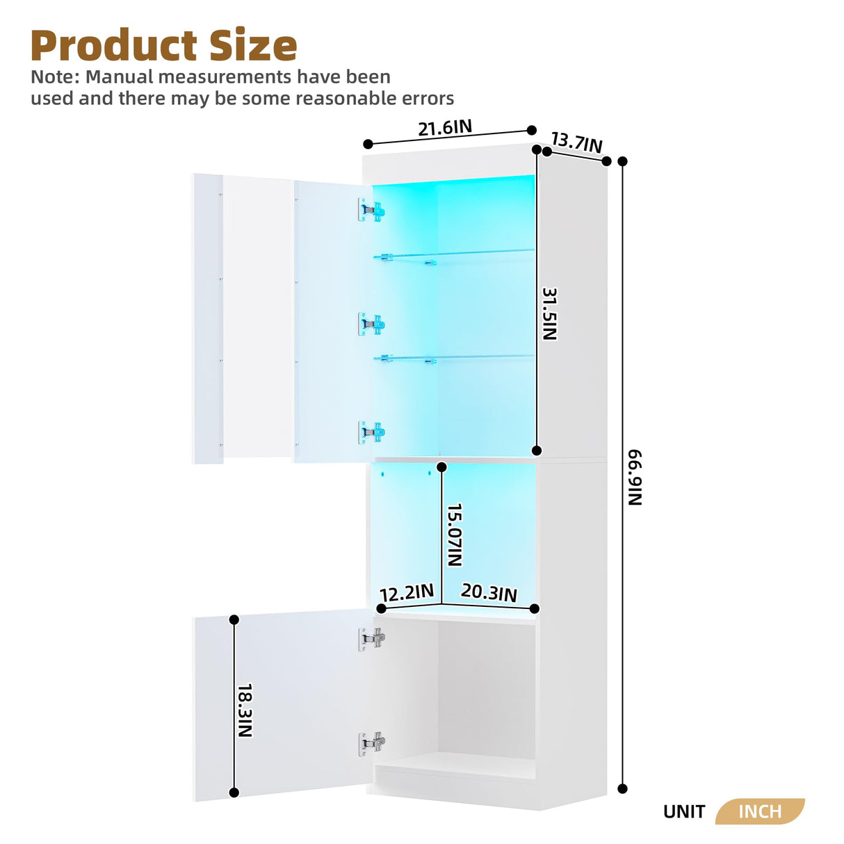 Ball & Cast High Gloss Storage Cabinet with LED Lights,67" Tall Pantry Cabinet W/Acrylic Door,Modern Bookcase & Display Cabinet W/Open Countertop & Tempered Glass Shelves for Living Room,White Ball & Cast