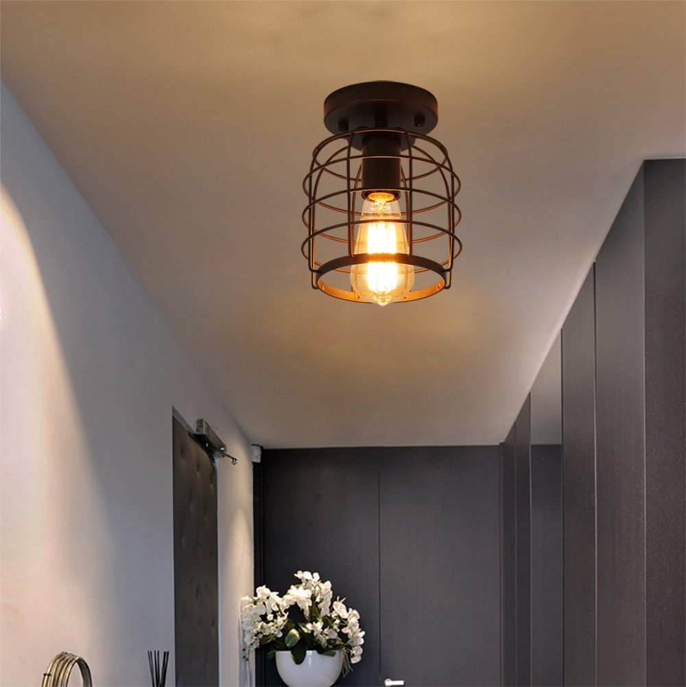 Create For Life® Industrial Vintage Flush Mount Ceiling Light,Rustic Metal Cage Pendant Lighting Lamp Fixture for Hallway Stairway Kitchen Garage, E26, Black Painting Finish Create For Life
