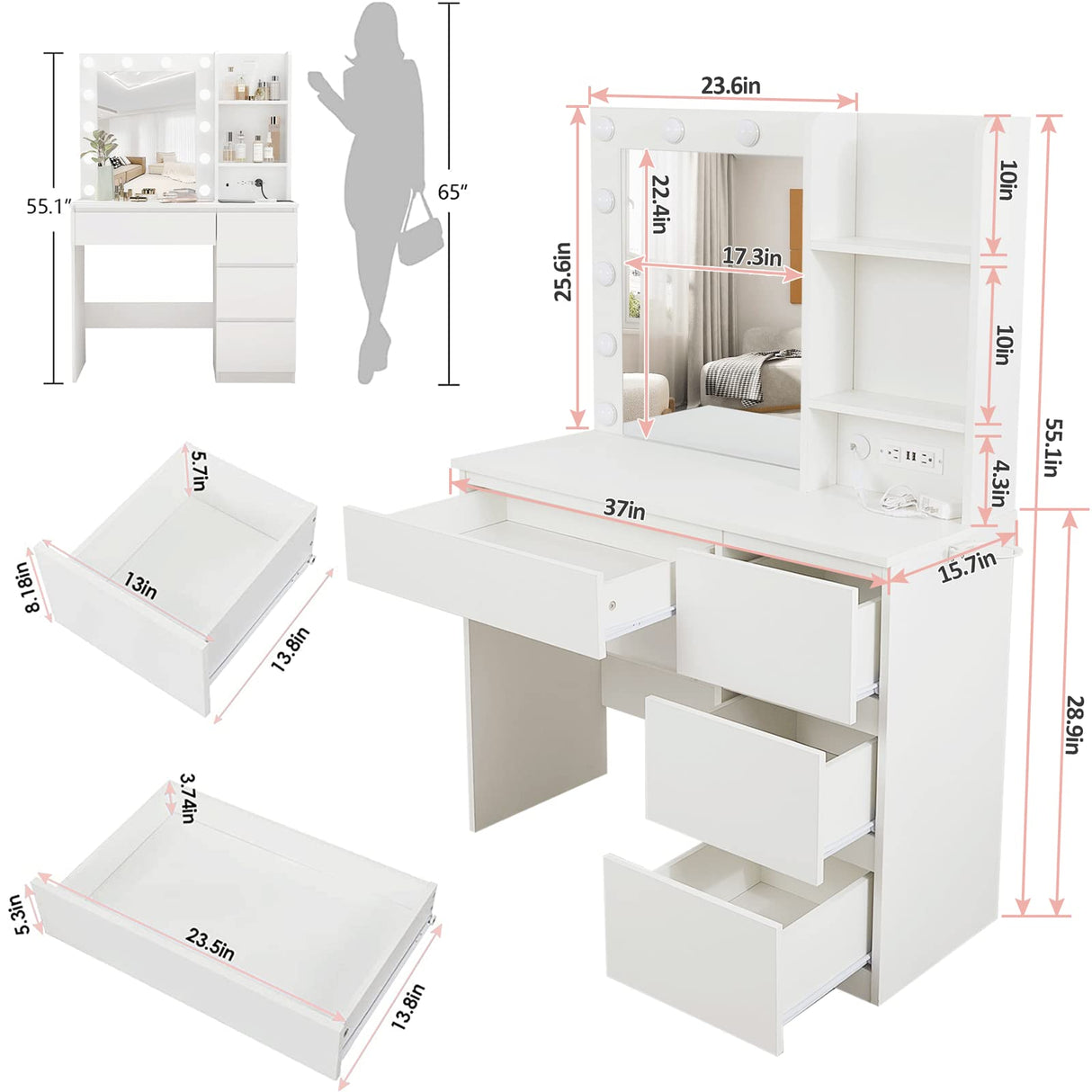 Vabches Makeup Vanity with Lights, 37inch Vanity Desk with Power Strip, 4 Drawers Makeup Table with Lighted Mirror, 3 Lighting Colors, White Vabches