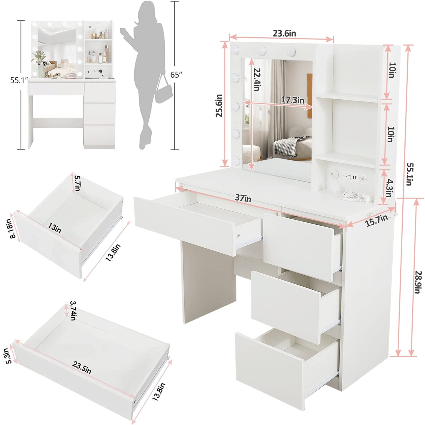 Vabches Makeup Vanity with Lights, 37inch Vanity Desk with Power Strip, 4 Drawers Makeup Table with Lighted Mirror, 3 Lighting Colors, White