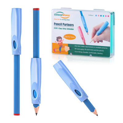 OSteed Ergonomic Pencil Grip, Extender & Cap 3 in 1, Silicone Pencil Partners Pack of 6 Pcs for Kids and Adults Handwriting