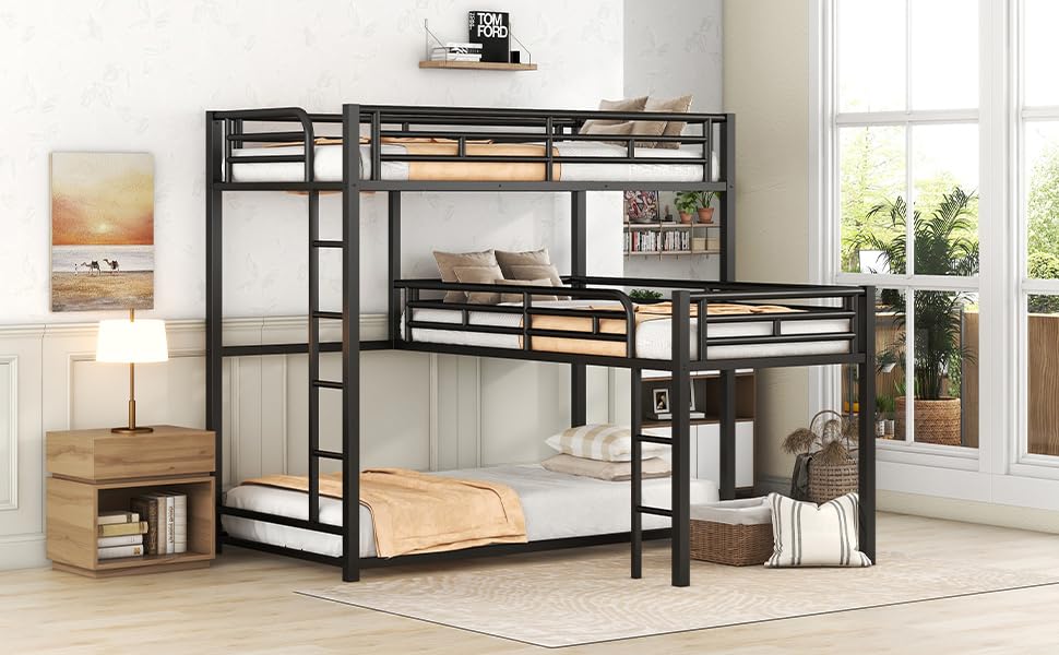 Harper&Bright Designs Metal L-Shaped Triple Double Bed, Stable Frame, Full Guardrail, Space Saving Double/Triple Bed, Black Harper & Bright Designs