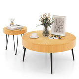 Giantex Boho Round Coffee Table Set of 2, Sofa Side Nesting Table with Solid Pine Wood Top, Metal Legs & Adjustable Foot Pads, 31.5" D Large Table Set for Living Room (Radial Pattern, Natural) Giantex
