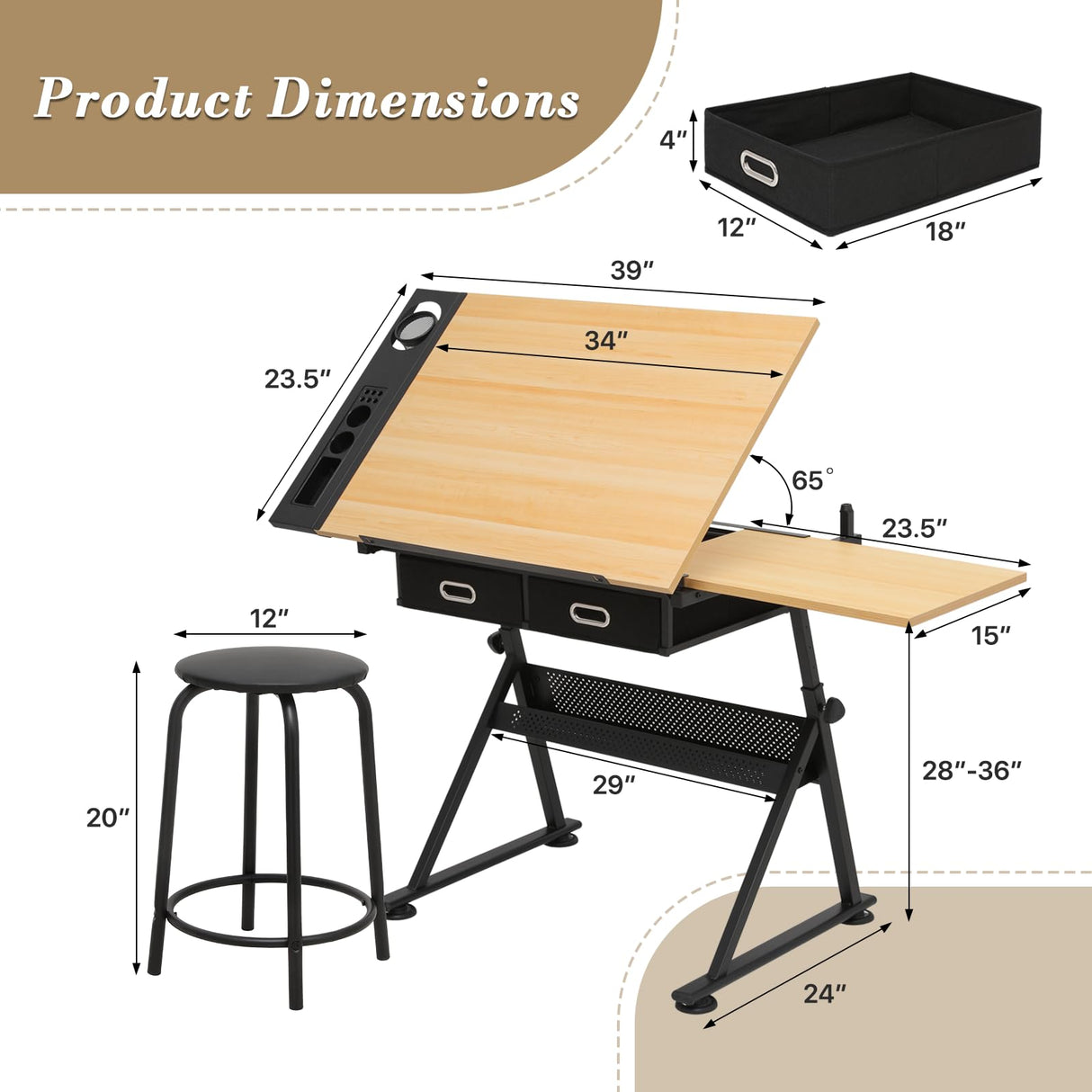 Athena Collection Drafting Table for Artists, Height Adjustable Drawing Table, Dual Desktop Art Desk Metal Frame Art Table Tiltable Craft Desk Paintings Work Station with Stool and Drawers, Natural Athena Collection