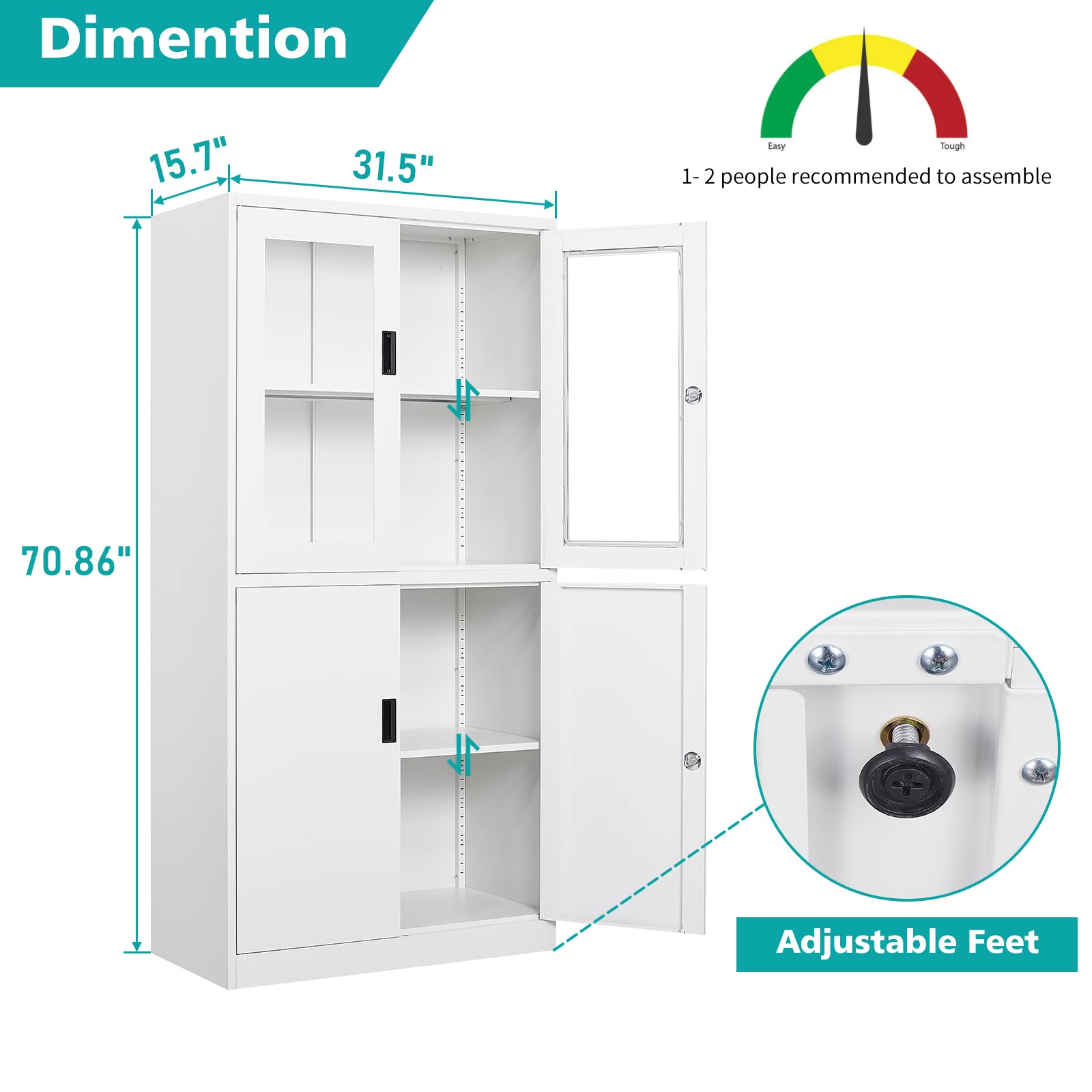 MIIIKO Metal Storage Cabinet with Glass Doors, 2 Tier White Steel Cabinet with Adjustable Shelves and Locking Doors, for Home Office, School and Hospital - WoodArtSupply