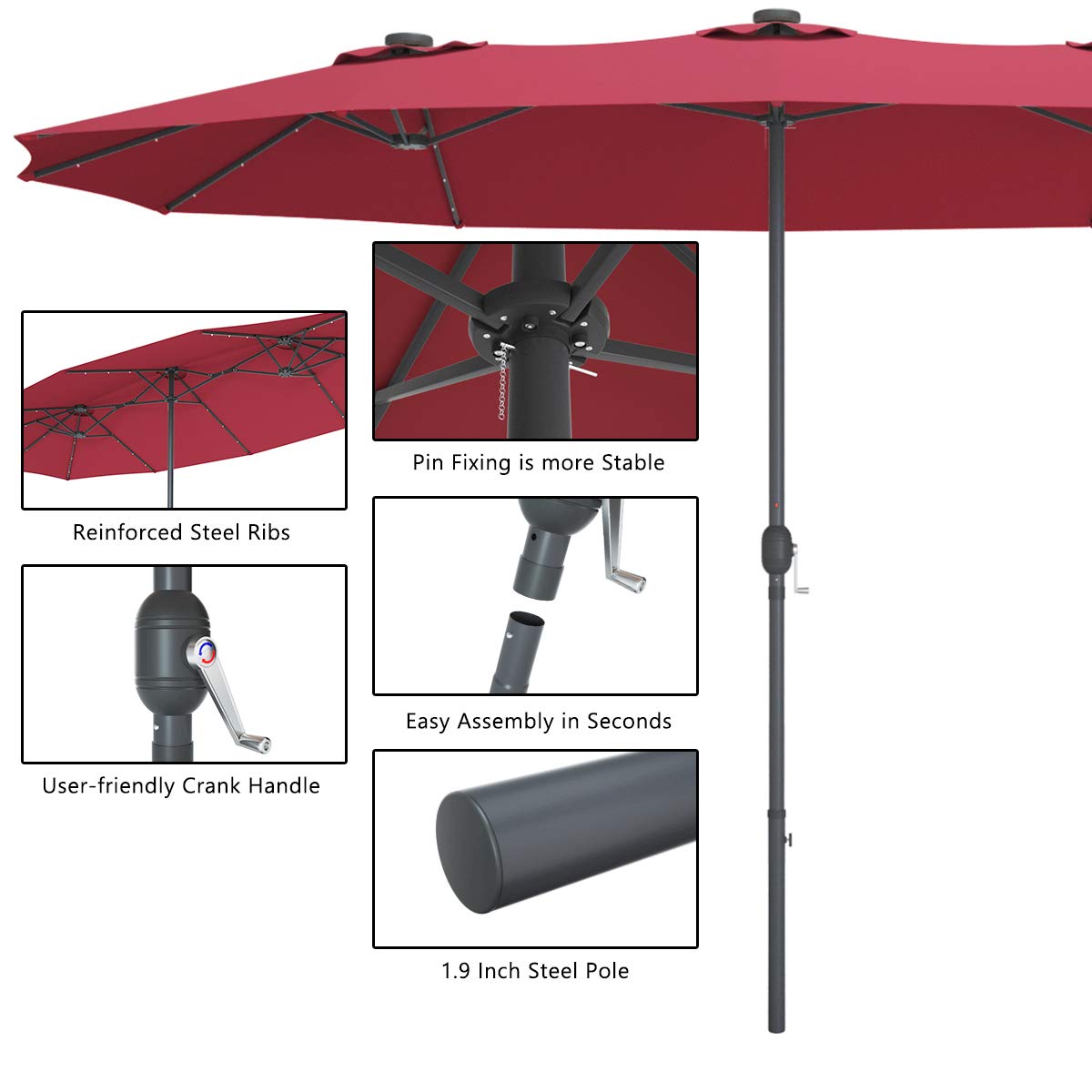 Tangkula 15 Ft Solar LED Patio Double-Sided Umbrella, Extra Large Umbrella w/ 36 Solar Powered LED Lights & Crank System, Outdoor Twin Umbrella for Garden, Deck, Poolside, Patio (Burgundy) Tangkula