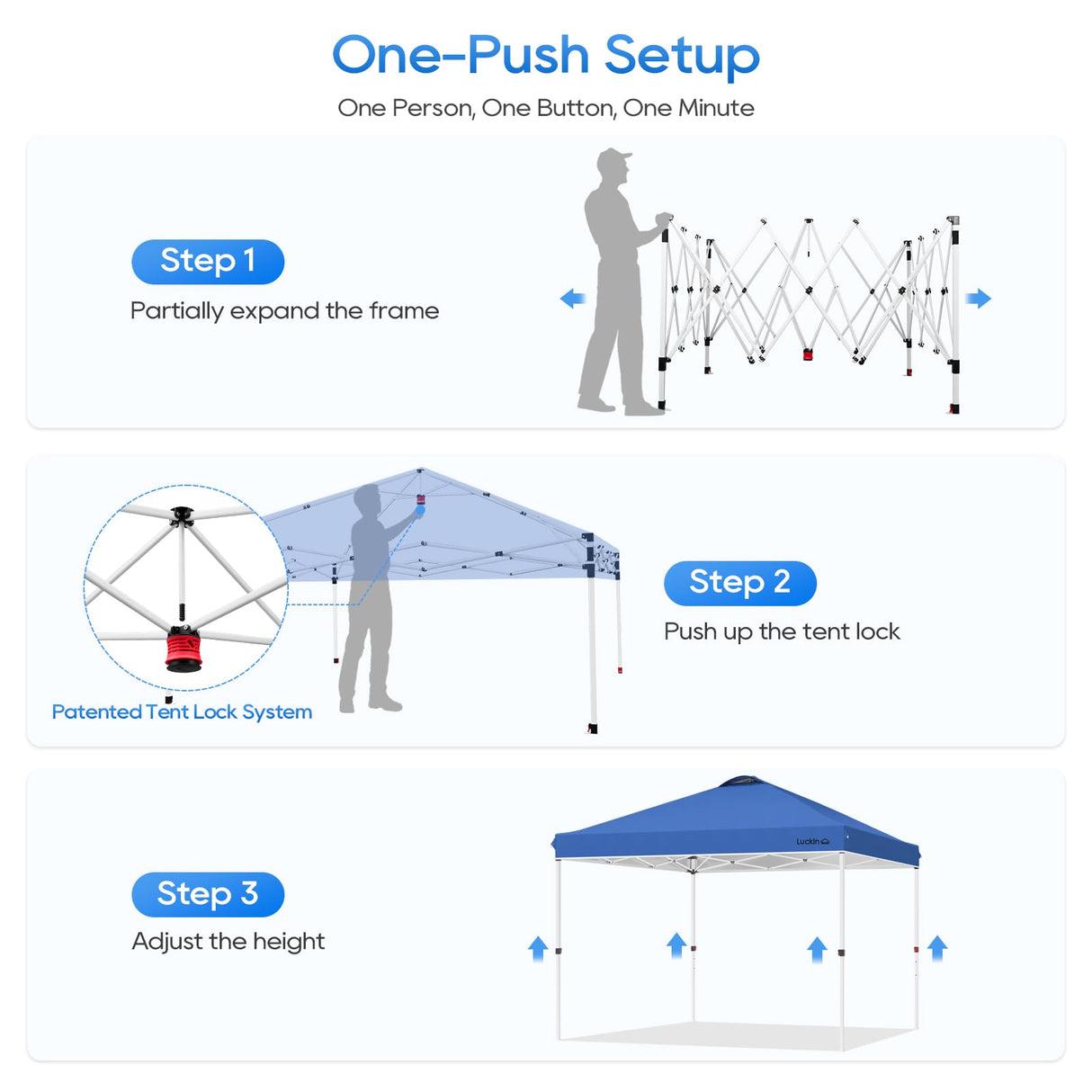 LuckIn 10×10 Pop Up Canopy Tent, Patented One Push Instant Canopy with Wheeled Carry Bag, Heavy Duty Shade Tent for Outdoor, Includes 150D Silver Coated Cover, 8 Stakes, 4 Ropes, 4 Weight Bags, Blue LuckIn