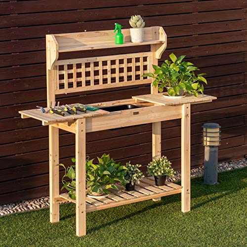 Giantex Garden Potting Bench, Outdoor Wood Work Table w/Sliding Tabletop, Planter Bench Work Station w/Removable Sink & Storage Shelves for Backyard Patio Balcony, Natural - WoodArtSupply