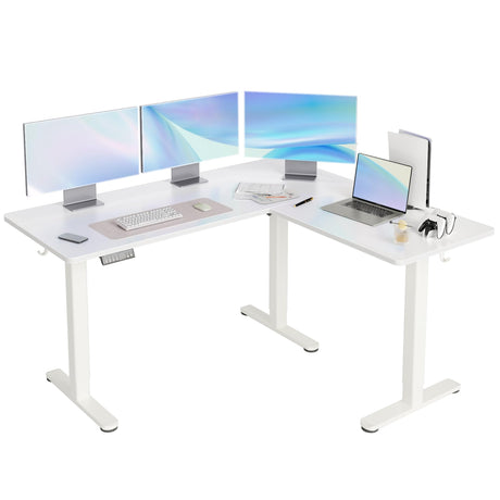 YDN L Shaped Standing Desk, Electric Standing Desk L Shape Adjustable Height Dual Motor, 63 x 55 Inch Corner Standing Desk with Splice Board for Home Office, Large Standing Desk, White YDN