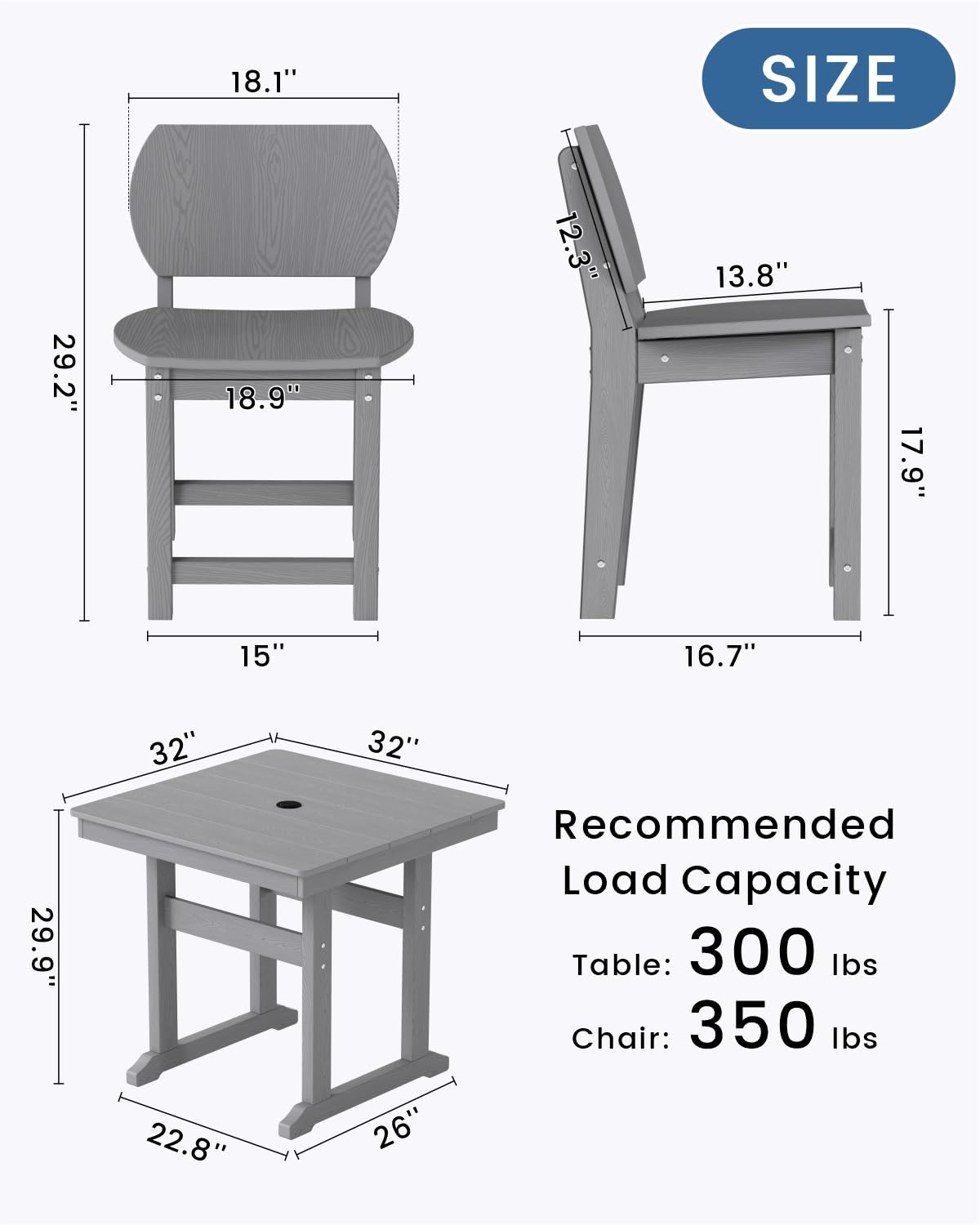 BIVODA 5-Piece HDPE Outdoor Patio Dining Set (Includes 1 Square Table and 4 Chairs) (All-Weather, Easy to Assemble, Umbrella Hole, 10+ Years of Lifespan) - Grey BIVODA