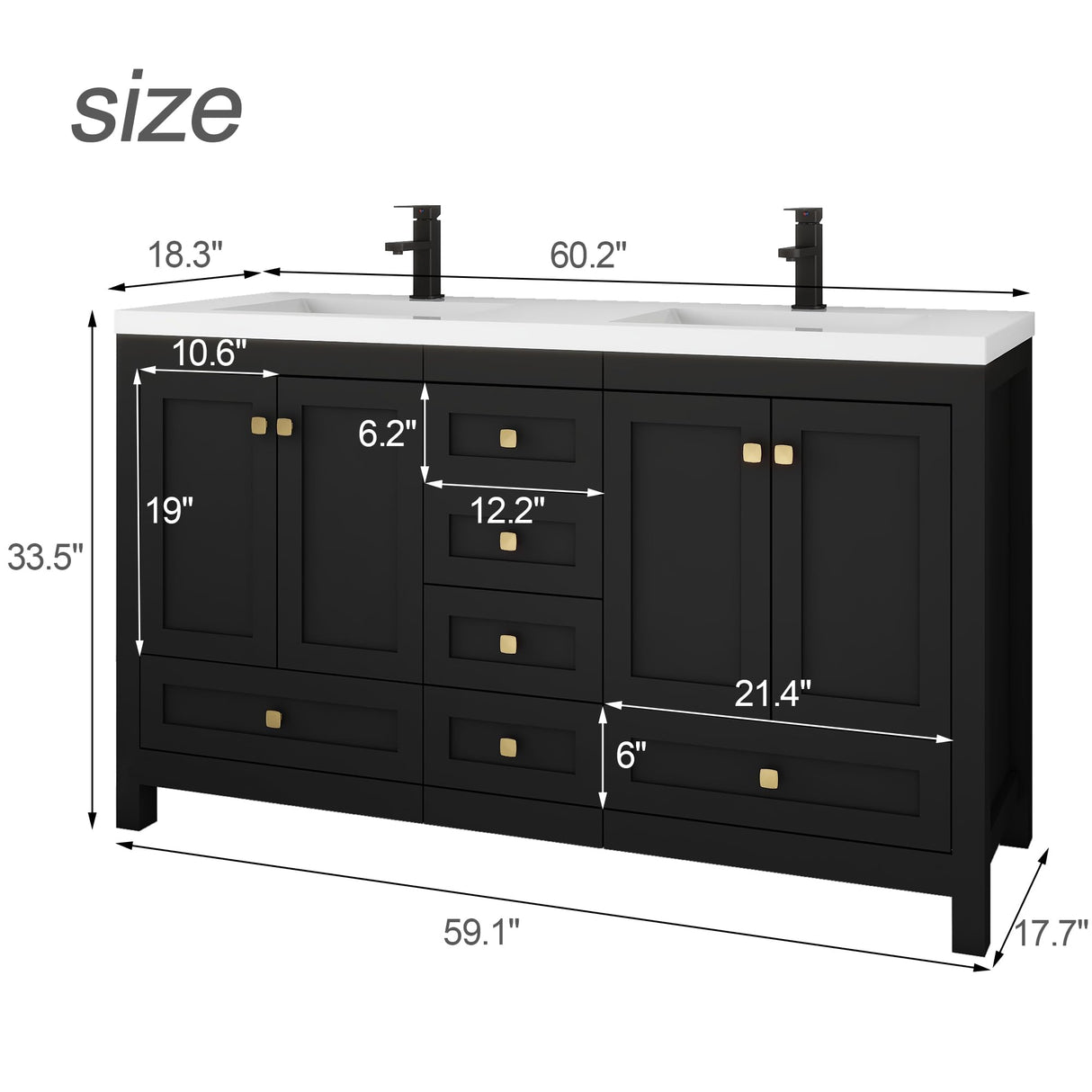 LUCKWIND 60" Bathroom Vanity with Sink, Modern Painted Bathroom Storage Cabinet with Ceramic Basin Sink Top, Faucet and Drawers, Mirror is Not Included, Black LUCKWIND