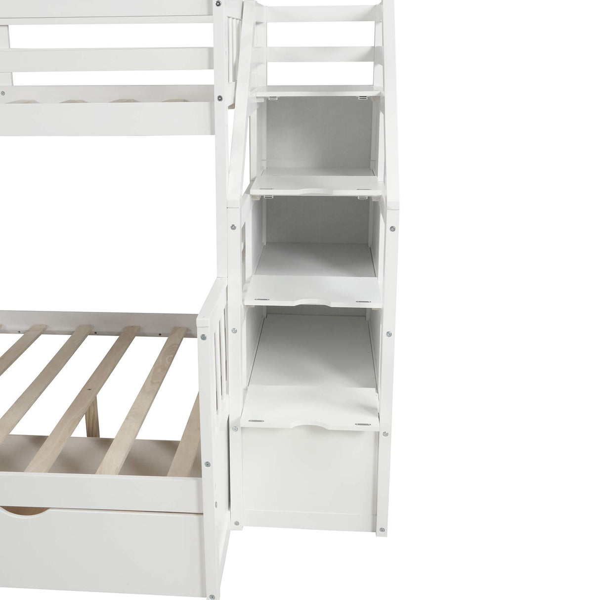 SOFTSEA Twin Over Full Bunk Bed with Storage Stairs, Slide, and Drawers in White SOFTSEA