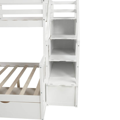 SOFTSEA Twin Over Full Bunk Bed with Storage Stairs, Slide, and Drawers in White - WoodArtSupply