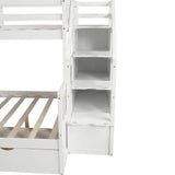 Twin Over Full Bunk Bed with Stairs, Slide & Storage Drawers in White Bellemave