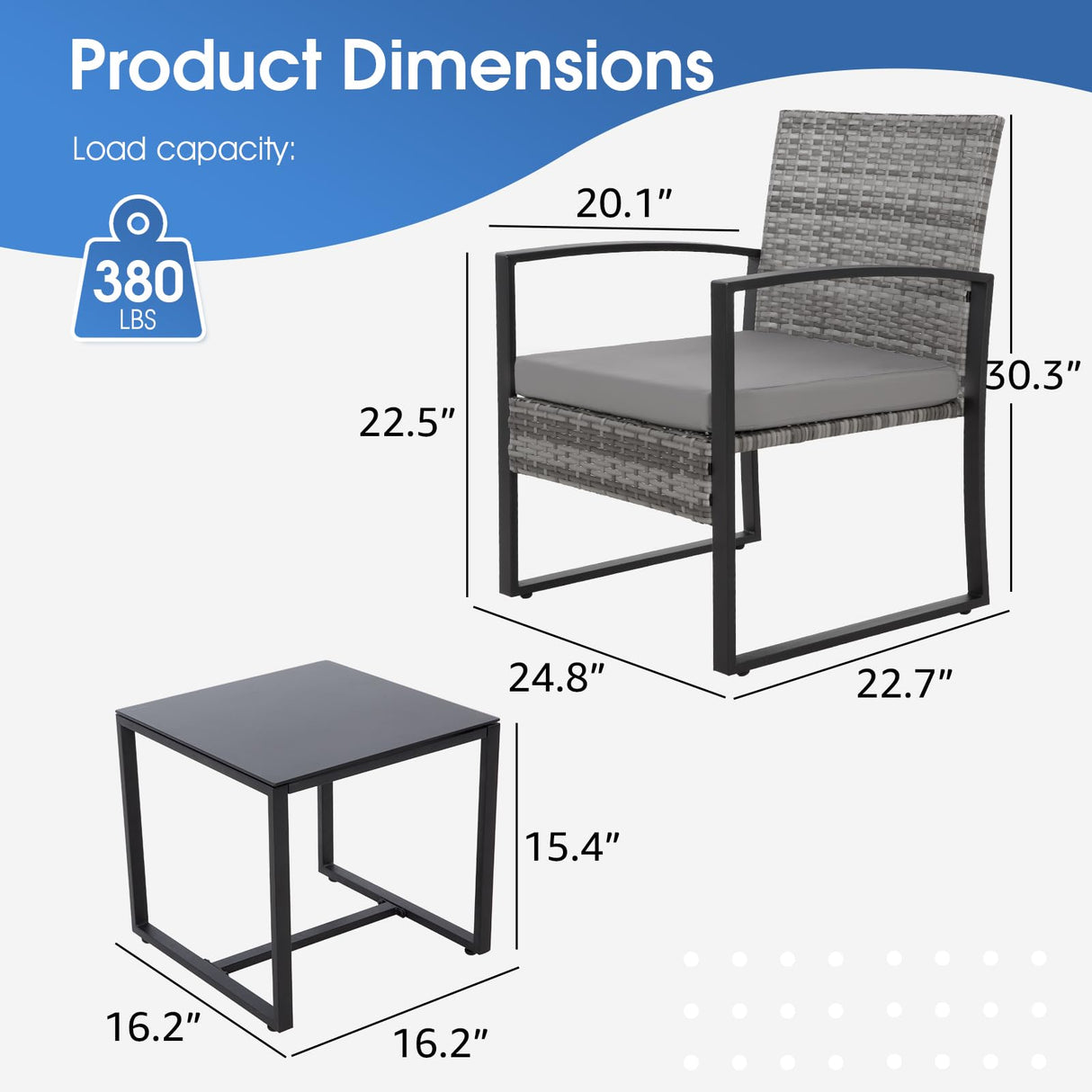 HYDRAGARDEN 3PCS Patio Furniture Set, Outdoor Wicker Bistro Conversation Set with Padded Cushions & Glass Table, Garden Rattan Chair Set for Porch Balcony Backyard (Plus Grey Wicker & Grey Cushions) EARLGROVE